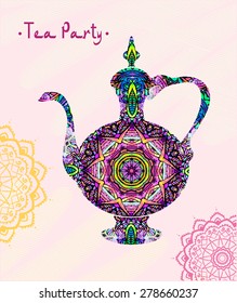 Hand drawn abstract background ornament illustration. Tea time concept. Vector Ornamental Teapot card or invitation design. Vintage traditional, Islam, arabic, indian, ottoman motifs, elements.   