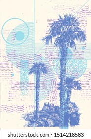 Hand Drawn Abstract Background with With Palm Trees, vector illustration