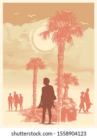 Hand Drawn Abstract Background with Palm Trees And Silhouettes of people on the beach. Vector Illustration.