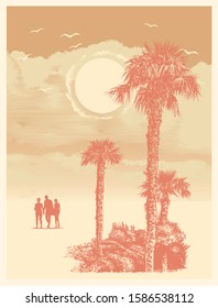 Hand Drawn Abstract Background with Palm Trees And Silhouettes of people on the beach. Vector Illustration.