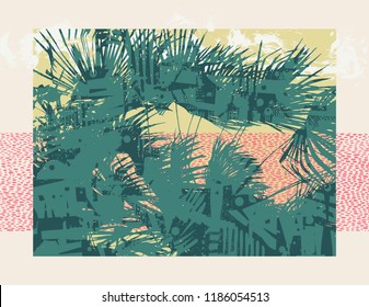 Hand Drawn Abstract Background with Silhouettes of Tropical Palm Treesa And Drawing Design Elements. Vector Illustration