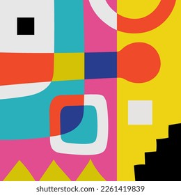 Hand drawn abstract background with various geometric shapes and doodle objects. Contemporary modern trendy vector illustration in bright colors
