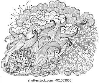 Hand Drawn Abstract Background Vector Outline Wavy Drawing Coloring Book For Adult And