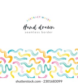 Hand drawn abstract background with watercolor curves in bright colors. Seamless border