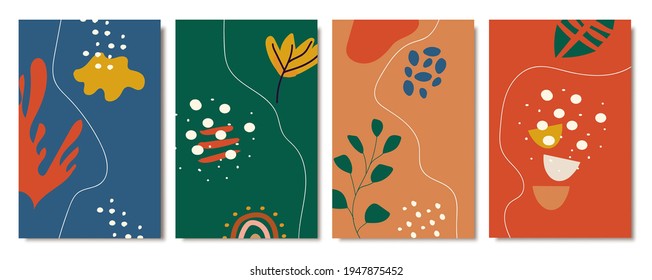 Conjunto de fondos abstractos dibujados a mano. Afiches contemporáneos al estilo escandinavo. Ilustración moderna.