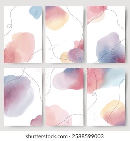 Hand drawn abstract backgrounds. Set of watercolor templates with place for text. Modern frames with watercolor stains