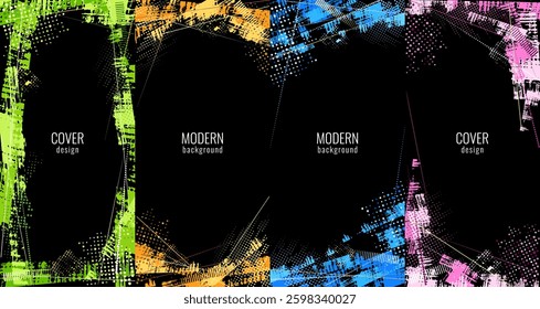 Hand drawn abstract backgrounds set. Decorative brush strokes, halftone elements. Vector grunge overlay. Vector illustration.