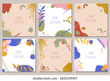 Handgezeichnete abstrakte Hintergründe Set.Verschiedene Formen und doodle Objekte.Einfache moderne, trendige Hintergrundvorlage mit Kopienraum für Text. Social Media-Geschichten und posten kreative Vektorgrafik-Set.