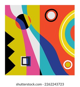 Hand drawn abstract backgrounds with various geometric shapes and doodle objects. Contemporary modern trendy vector illustration in bright colors