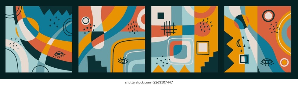 Fondos abstractos dibujados a mano con varias formas geométricas y objetos de doodle. Ilustración vectorial moderna y contemporánea en colores vivos