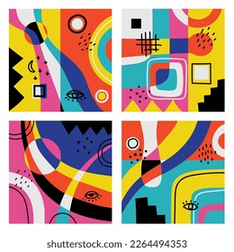 Hand drawn abstract backgrounds with various geometric shapes and doodle objects. Contemporary modern trendy vector illustration in bright colors