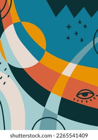 Hand drawn abstract backgrounds with various geometric shapes and doodle objects. Contemporary modern trendy vector illustration in bright colors