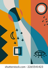 Hand drawn abstract backgrounds with various geometric shapes and doodle objects. Contemporary modern trendy vector illustration in bright colors