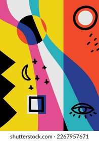 Fondos abstractos dibujados a mano con varias formas geométricas y objetos de doodle. Ilustración vectorial moderna y contemporánea en colores vivos