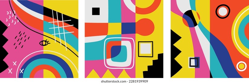 Hand drawn abstract backgrounds with various geometric shapes and doodle objects. Contemporary modern trendy vector illustration in bright colors