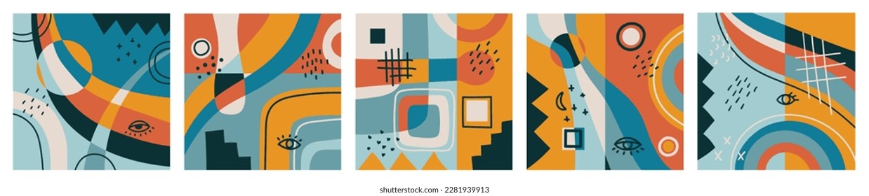 Hand drawn abstract backgrounds with various geometric shapes and doodle objects. Contemporary modern trendy vector illustration in bright colors
