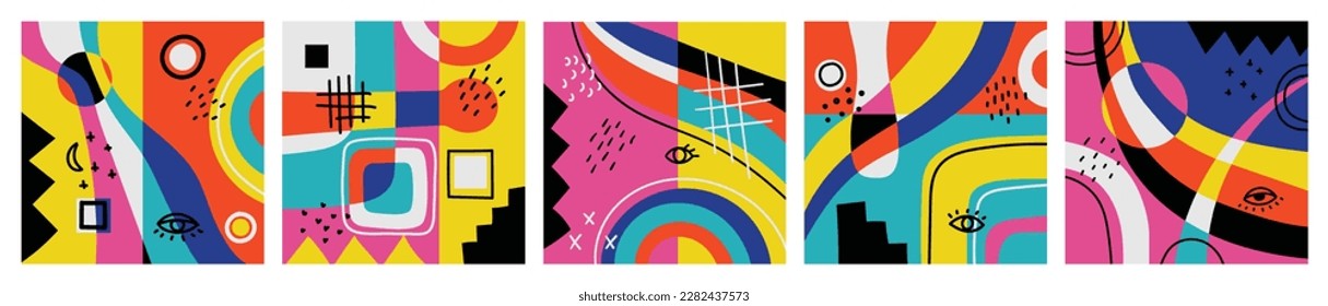 Hand drawn abstract backgrounds with various geometric shapes and doodle objects. Contemporary modern trendy vector illustration in bright colors