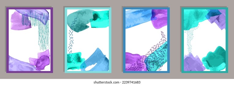 Hand drawn abstract banners vector collection. Watercolor blotches texture. Nordic style design. Cool wall poster layouts. Doodle elements.