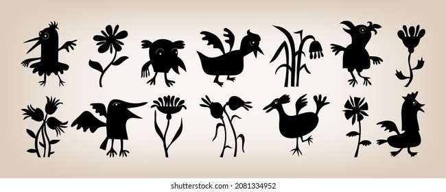 Hand drawn abstract birds and flowers. Different strange creatures, animals, monsters. Funny and cute imaginary characters. Big black trendy set, isolated design elements. Doodle cartoon illustration