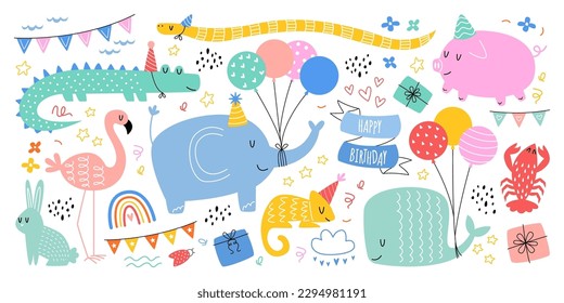 Hand drawn abstract birthday animals flat illustrations. Cute cartoon wild animals celebrate birthdays. Elephant and whale with balloons, crocodile, pig in party hat. Color design elements