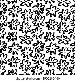 Hand drawn abstract black flower seamless pattern. Hand drawn botanical ink illustration with abstract floral motif. Vector black chamomile or daisy. Print for your fabric, wrapping paper, wallpaper