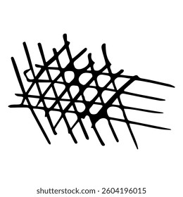 Hand drawn abstract black ink mesh like pattern with intersecting lines and organic shapes isolated on transparent background. Bold and modern graphic element for artistic and design projects.