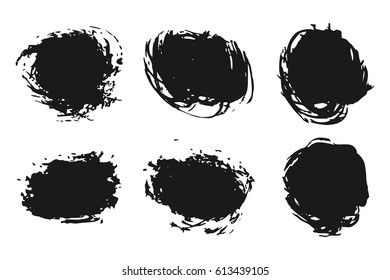 Hand drawn abstract black paint brush strokes, box, round, circle stains. Vector set of shapes, frames isolated on white background.