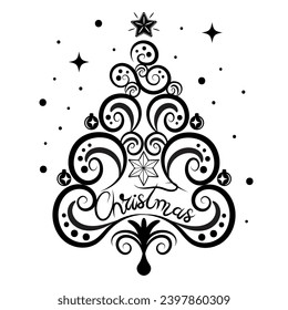 Hand drawn abstract black and white nativity tree with star and decorations.  Isolated design element on white background. Black and white vector illustration. Greeting card template, poster, banner