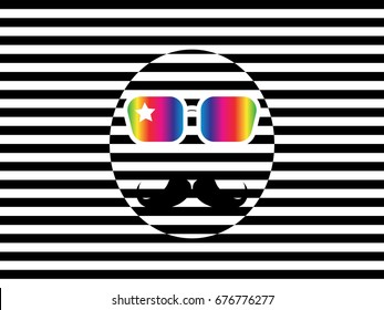 Hand drawn abstract black and white face with colorful sunglasses illustration. Funny portrait man face. EPS10 vector. Perfect design for t-shirt, wallpaper, background, poster, fashion clothes.