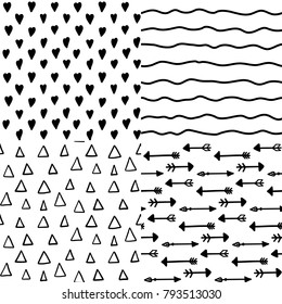 Hand drawn abstract black and white seamless pattern set. Simple texture for background, wallpaper, fabric or a wrapping paper