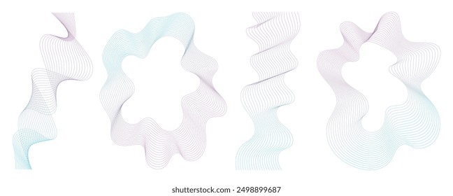 Hand drawn abstract blend line element vector set. Aesthetic contemporary stripe line art, wavy, curve in blue and pink gradient. Art form design for wall art, decoration, wallpaper.
