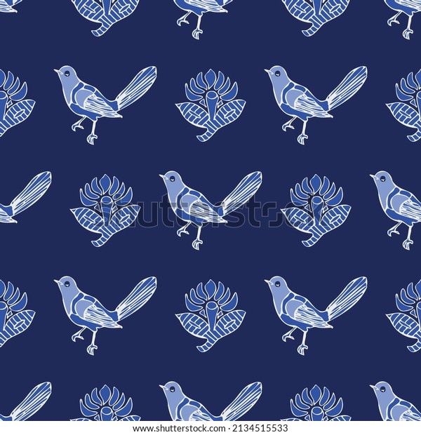 Hand drawn abstract blue and white birds and flowers on a navy blue background. Seamless repeat vector pattern. Great for fashion, textiles, surface textures, giftwrap, wallpaper.