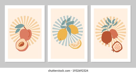Hand drawn abstract boho poster set with tropical fruit: lemon, peach, pomegranate isolated on beige. Vector flat illustration. Design for pattern, logo, posters, invitation, greeting card 