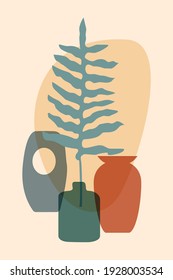 Hand drawn abstract boho tropical plant leaf with colorful vases and shape isolated on beige background. Vector flat illustration. Design for pattern, logo, posters, invitation, greeting card 