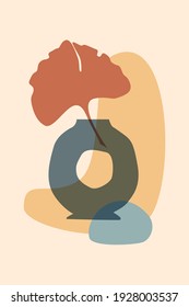 Hojas tropicales de boho dibujadas a mano con jarrón de color y forma aislada en un fondo beige. Ilustración plana vectorial. Diseño para el patrón, logotipo, carteles, invitación, tarjeta de saludo 