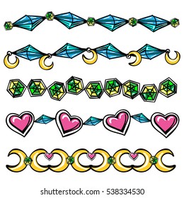 Hand drawn abstract borders with moon hearts and diamonds. Vector illustration