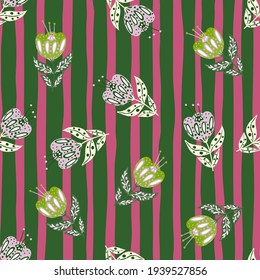 Patrón abstracto de acero inoxidable botánico con elementos de flores folclóricas de color verde. Fondo rosa rayado. Diseñado para el diseño de tejidos, impresión textil, envoltura, cubierta. Ilustración vectorial.