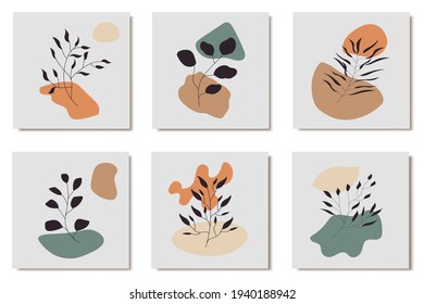 Hand drawn abstract botanical backgrounds. Contemporary doodle branch leaves scribbles, boho set of flower design for social media post. Isolated