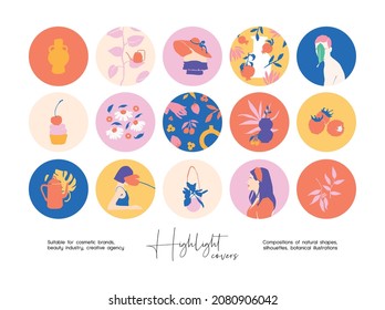 Hand drawn abstract botanical collection for brand identity, social media highlight covers