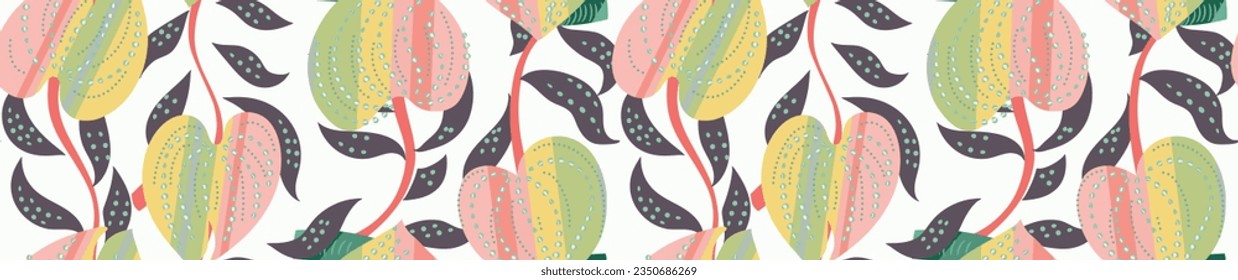 
Hand drawn abstract botanical pattern. Creative collage contemporary seamless pattern with curly branches with leaves in trendy pastel colors (the effect of holographic) on a white background. Vector