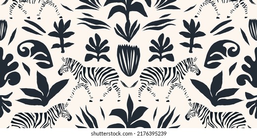 Hand drawn abstract botanical shapes and zebras pattern. Collage contemporary print. Fashionable template for design.