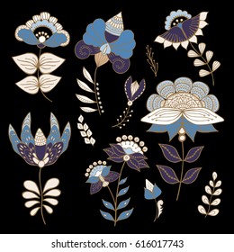  hand drawn abstract botanical vector illustration with flowers and  leaves. Isolated on black background.