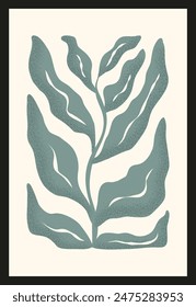 Hand drawn abstract branch with green grainy textured leaves in Matisse style. Contemporary floral template for interior decoration, banner, poster, print, card.