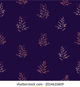 Hand drawn abstract branches of astilbe on dark violet background. Seamless (endless) pattern. 10 EPS vector illustration.