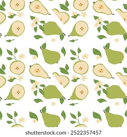 Hand drawn abstract bright fruit pear pattern with plant parts and sliced food. Seamless pattern for textile, wrapping paper, posters. Fashion textures.