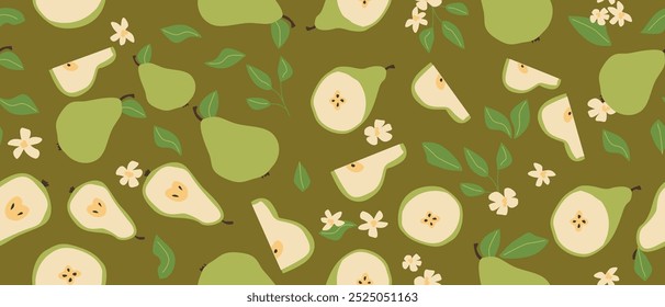 Hand drawn abstract bright fruit pear pattern with plant parts and sliced food. Seamless pattern for textile, wrapping paper, posters. Fashion textures.