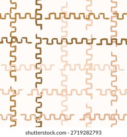 Hand drawn abstract broken puzzle pieces forming a minimalist checks pattern in colors of pink, brown and cream on off white background. Abstract geometric seamless vector pattern. Great for home decor, fabric, wallpaper, gift wrap, stationery, packaging design projects.