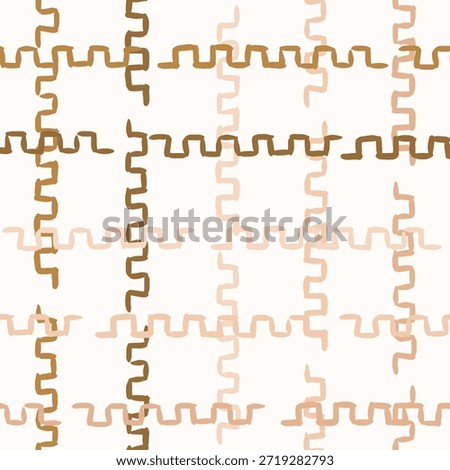 Hand drawn abstract broken puzzle pieces forming a minimalist checks pattern in colors of pink, brown and cream on off white background. Abstract geometric seamless vector pattern. Great for home decor, fabric, wallpaper, gift wrap, stationery, packaging design projects.