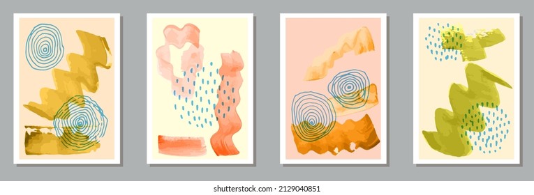 Hand drawn abstract canvas vector collection. Watercolor blotches patterns. 60s style frames. Youth banner templates. Doodle elements.