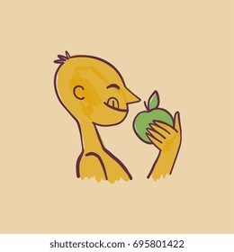 hand drawn abstract cartoon character eat green apple, vector illustration.